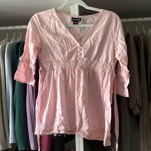Pink Babydoll tie Back V Neck Button Mid Flare Sleeve Top